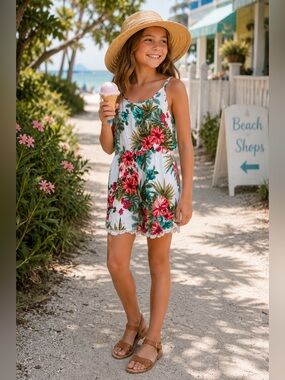 Kiddo by Katie Girls Floral Tropical Romper White Crinkle Lace Trim Size 10 Boho